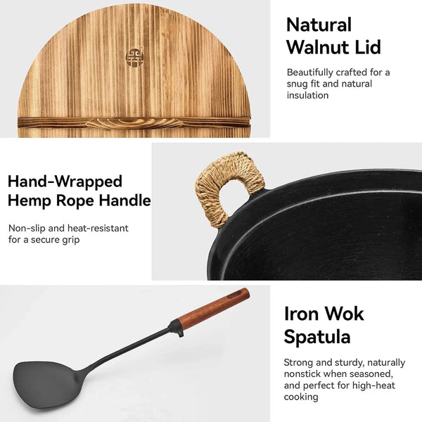 13.4 Inch Cast Iron Wok with Wooden Lid and Iron Spatula, Flat Bottom Double-Handle Chinese Stir Fry Pan, Uncoated Cast Iron Wok for Induction, Gas and Electric Stoves7