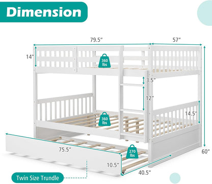 Full over Full Bunk Bed with Trundle, Solid Wood Trundle Bed Frame W/Guardrails and Ladder, Convertible to 2 Beds, Full Size Bunk Beds for Adults Kids Teens, No Box Spring Needed, White2