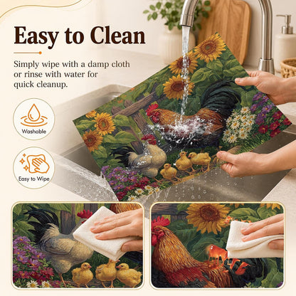 Linen Placemats Set of 6, Farmhouse Chicken Sunflower 12 X 18 Inch Dining Table Mats, Washable Waterproof Stain Resistant Reusable Place Mats for Kitchen, Indoor Outdoor, Home Party Decor4