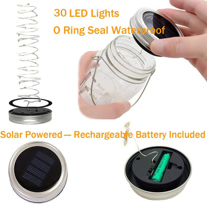 Solar Mason Jar Lights,4 Pack 30 Led Starry Fairy String Hanging Jar Lights,Solar Lanterns for Outdoor Patio Party Garden Wedding Halloween Christmas Projector Decor Light(Mason Jars/Handles Included)4
