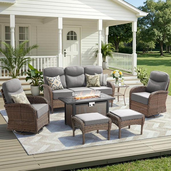 Luxury Patio Furniture Set with 42.5" Fire Pit Table, 6-Inch Thick Cushions Wicker Outdoor Furniture with Wicker Swivel Patio Chairs Set of 2, Patio Conversation Set for Deck Garden Porch, Gray1