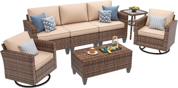 Patio Furniture Set, 5 Pieces Outdoor Conversation Sets with Rocking Swivel Chairs, Wicker Rattan Outdoor Sofa Set with Storage Table and Waterproof Covers for Backyard, Deck, Porch, Khaki2