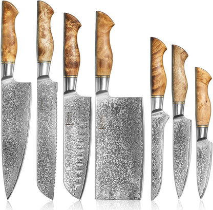 SENKEN 7-Piece Damascus Kitchen Knife Set - Dynasty Collection - 67-Layer Japanese VG10 Steel with Sycamore Wood Handles, Chef'S Knife, Cleaver, Bread, Santoku, Boning, & More1