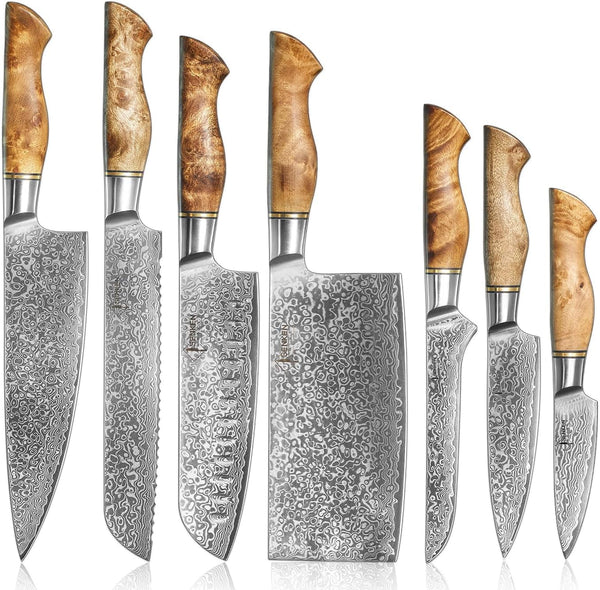 SENKEN 7-Piece Damascus Kitchen Knife Set - Dynasty Collection - 67-Layer Japanese VG10 Steel with Sycamore Wood Handles, Chef'S Knife, Cleaver, Bread, Santoku, Boning, & More1