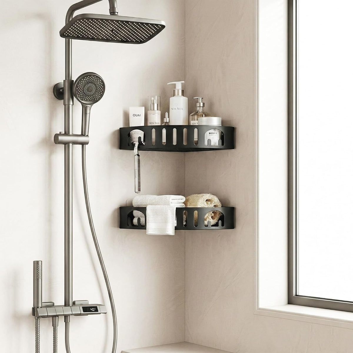 adhesive-corner-shower-caddy-with-hooks-no-drill-aluminum-shower-shelf-2pcs