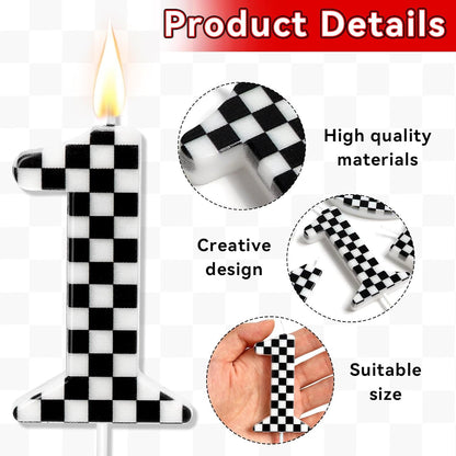 Racing Car Themed Birthday Candles, Number 1 Checkered Candles, Black & White Checkered Cake Topper, Cool Racing Themed Party Supplies, Special Candle3