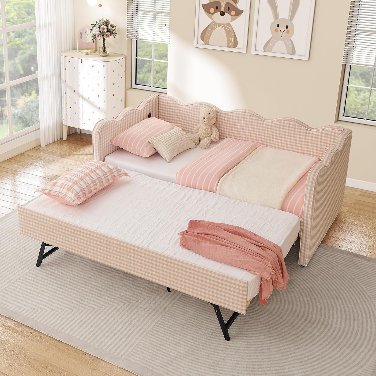 twin-size-daybed-with-pop-up-trundle-linen-gingham-twin-to-king-daybed-with-usb-ports-upholstered-day-bed-frame-modern-sofa-bed-for-living-room-bedroom-guest-room-no-box-spring-needed-pink
