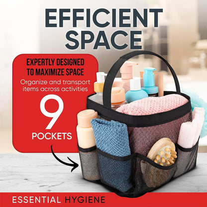 Shower Caddy Mesh - 9 Pocket Portable Bathroom Organizer Tote for Travel, Gym & Dorm - Collapsible Small Shower Caddy Bag to Hold Toiletries & Essentials (Black)5