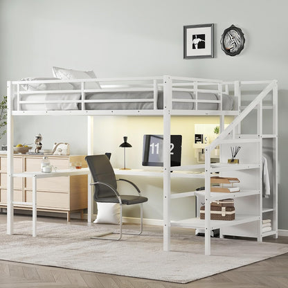 Twin XL Loft Bed with L-Shaped Desk and Storage Stairs, Metal Loft Bed with Wardrobe and USB Charging Station, High Loft Bed with LED Lights for Kids Teens Adults (White, Twin XL)3