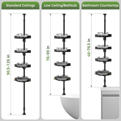 360° Rotating Shower Caddy Tension Pole with 4-Tier Rustproof Lazy Susan 35-128 Inch No Drilling Coner Shelves Adjustable Shower Rack for Bathroom Bathtub Washbasin Plant Storage (Black)7