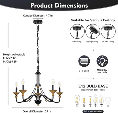 5‑Light Modern Farmhouse Candle Pendant, Matte Black with Antique‑Gold Accents, Chandelier Hanging Light Fixture for Kitchen Island, Entryway, Stairwell, E12 Base6