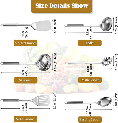 Stainless Steel Kitchen Utensils Set, 6 PCS Metal Cooking Utensils Set, Heat Resistant Cooking Spatula Spoon Set with Turners, Serving Spoon, Ladle, Skimmer, Pasta Server8