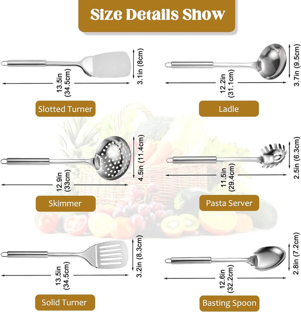 Stainless Steel Kitchen Utensils Set, 6 PCS Metal Cooking Utensils Set, Heat Resistant Cooking Spatula Spoon Set with Turners, Serving Spoon, Ladle, Skimmer, Pasta Server8