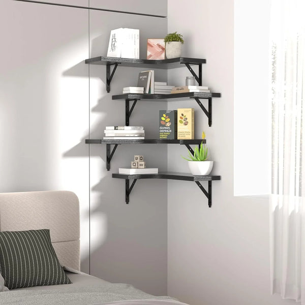 Corner Floating Shelves Wall Mounted Set of 4, Rustic Wood Storage Display Shelves for Home Decor, Bathroom, Kitchen, Bedroom, Living Room, Office (Black)7