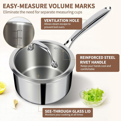 3 Ply Stainless Steel Saucepan with Lid, 3 Quart Multipurpose Cooking Pot, Stay-Cool Handle, Induction Oven Dishwasher Safe, 3 QT6