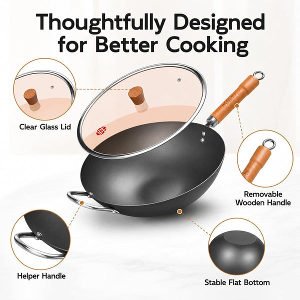 13.4 Inch Carbon Steel Wok Pan with Glass Lid, Flat Bottom Chinese Stir Fry Wok for Induction, Gas and Electric Stoves, Uncoated Iron Wok for Stir Frying, Sautéing and Deep Frying6