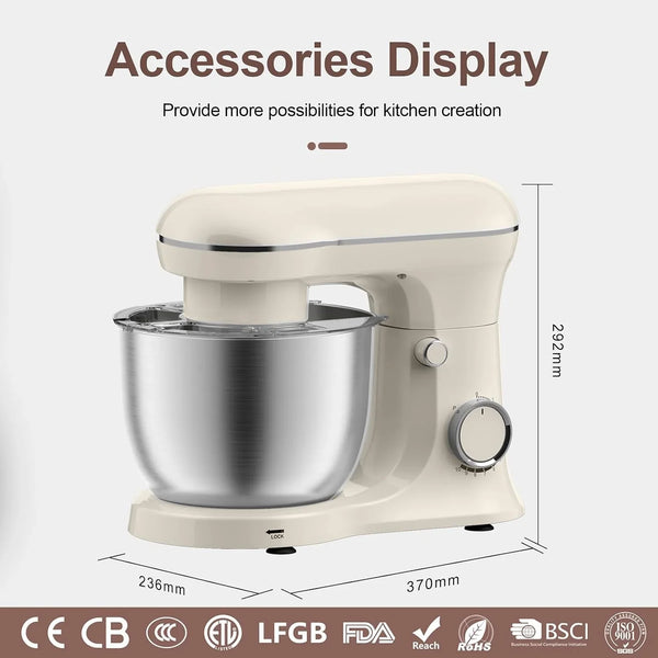 10 Speeds Stand Mixer with Bowl 6.5QT Stainless Steel, Electric Kitchen Stand up Mixer for Baking Cakes Cookie Bread Salad Food with Egg Whisk, Dough Hook, Flat Beater - Portable Baking Mixers White6