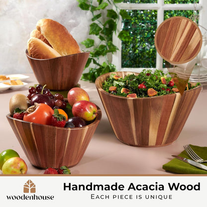 Wooden Salad Bowl Set of 3, Wavy 12" 10" 8" Wood Serving & Mixing Bowls2