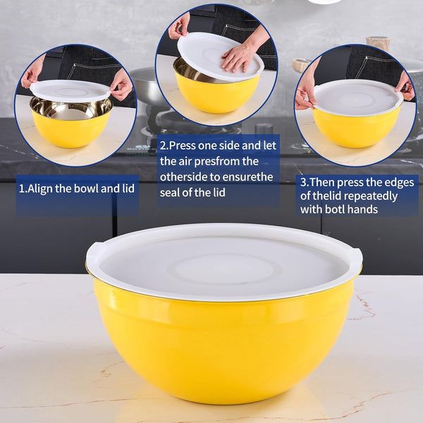 Yellow Mixing Bowls with Airtight Lids,Stainless Steel Bowl,Salad Bowls 7 Piece Colorful Nesting Bowl Yellow Kitchen Accessories,Size 7,3.6,2.7,2.1,1.5,1.1,0.8QT Stackable Design3