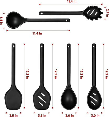 Mejoncb 6 Piece Silicone Cooking Utensils Set, Heat Resistant Spatula Ladle Spoon Set with Stainless Steel Handle, Non-Stick Cookware Kitchen Tools (Black)9