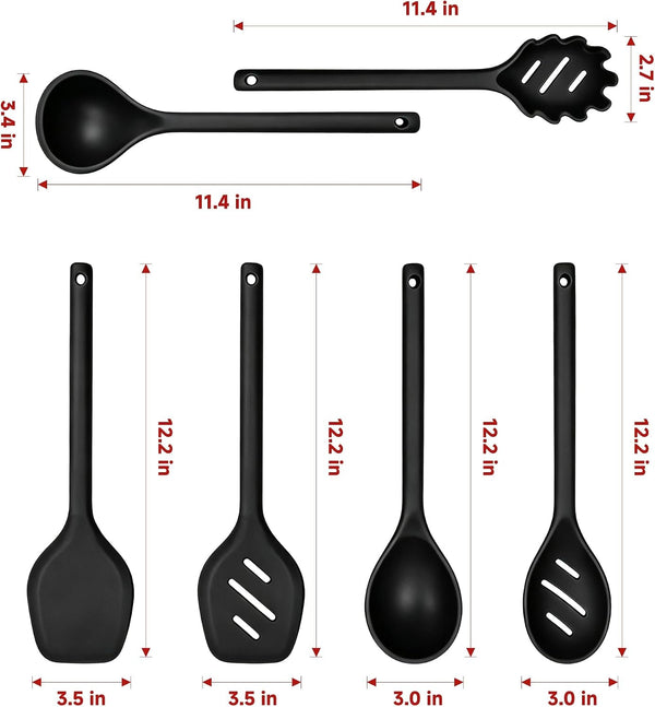 Mejoncb 6 Piece Silicone Cooking Utensils Set, Heat Resistant Spatula Ladle Spoon Set with Stainless Steel Handle, Non-Stick Cookware Kitchen Tools (Black)9