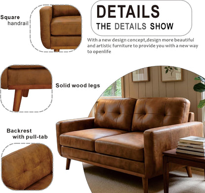 65" Loveseat Sofa,Mid Century Modern Love Seat Couches for Living Room,Button Tufted Upholstered Small Couch with Solid Wood Legs for Bedroom,Apartment,Office,Fabric,Light Brown4