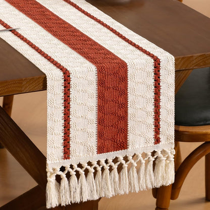 Terracotta & Ivory Woven Table Runner with Tassels 11"×90"1