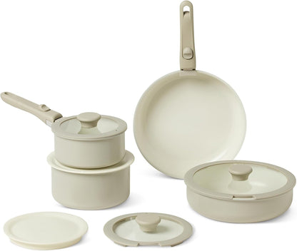 Ceramic Nonstick Cookware Set with Detachable Handles, 11-Piece Stackable, All Cooktop Friendly, Dishwasher-Safe, Includes Saucepan, Frying Pan, Glass and Plastic Lids, Linen Gray1