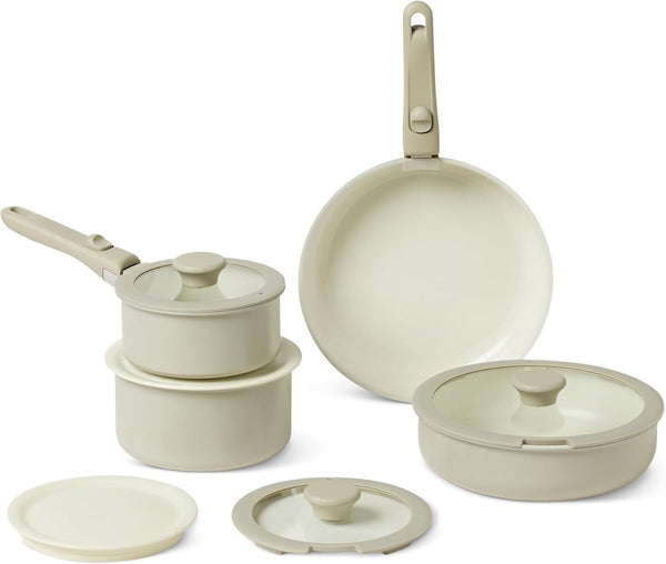 Ceramic Nonstick Cookware Set with Detachable Handles, 11-Piece Stackable, All Cooktop Friendly, Dishwasher-Safe, Includes Saucepan, Frying Pan, Glass and Plastic Lids, Linen Gray1