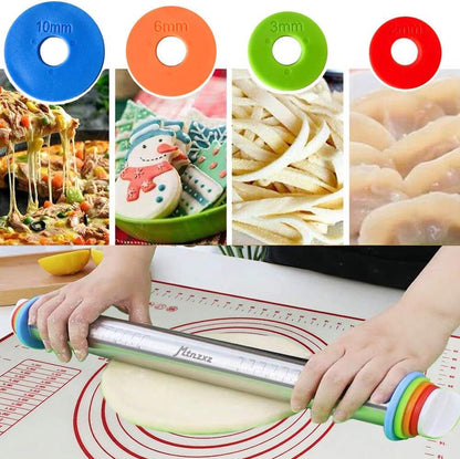 Rolling Pin and Silicone Pastry Mat Set with Adjustable Thickness Rings | Roll Dough to Perfect Size & Thickness, Stainless Steel Dough Roller for Baking Fondant, Pizza, Pie, Pastries, Pasta, Cookies3