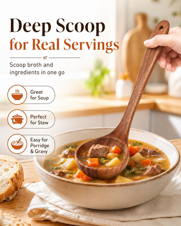 Wooden Soup Spoon, Natural Teak Wood Soup Ladle with Long Handle, Deep Scooper Serving Spoon for Soup, Gravy, Sauce, Porridge & Stew, No-Scratch Cooking Utensil for Nonstick Cookware, 10.6"2