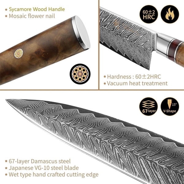 5-Piece Damascus Kitchen Knife Set with Magnetic Block, VG10 Core | Damascus Knife Set with Block: 67-Layer Damascus Steel, Sycamore Handles, Chef, Santoku, Bread, Utility and Paring Knives6