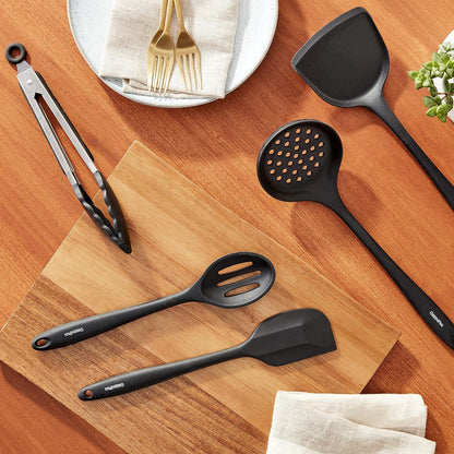 5 Piece Cooking Utensil Set, Flexible Nonstick Silicone, Stain-Free, Tongs, Turner, Spatula, Skimmer, and Slotted Spoon, Black12
