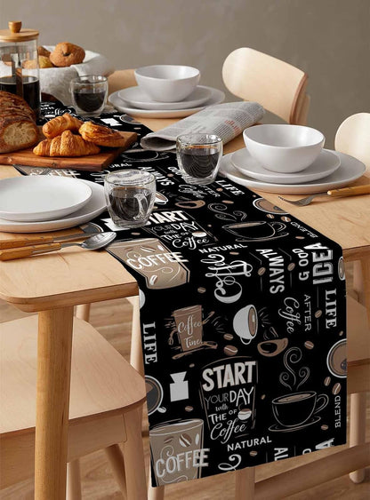 Coffee Theme Table Runner - 72 Inch Long Farmhouse Retro Black Cotton and Linen Blended Dress Scarves Table Runner for Kitchen Dining, Coffee Table, 13" X 726