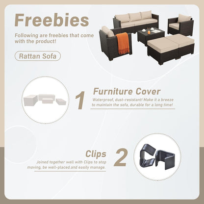 6 Pieces Patio Outdoor Furniture Outdoor Conversation Sets Wicker Sofa Set with Outdoor Couch Patio Chairs Storage Coffee Table Khaki Cushions Waterproof Covers4