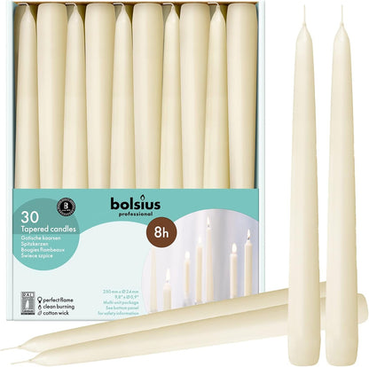 Long Household Ivory Taper Candles - 10-Inch Unscented Premium Quality Wax - 8 Hour Long Burning Dripless Candles Bulk Pack of 30 for Home Decor, Wedding, Parties and Special Occasions1