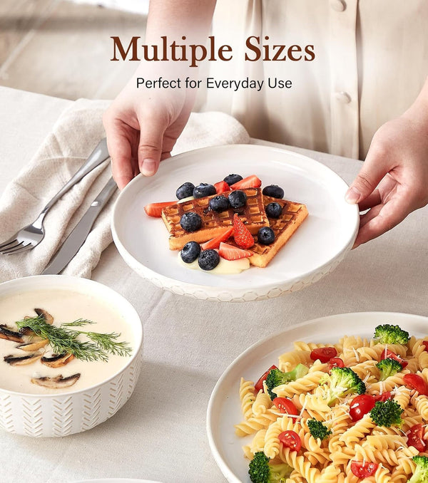 24 Piece Dinnerware Sets for 8 - Farmhouse Style Stoneware Plates and Bowls Sets - Scratch Resistant & Dishwasher Safe, Embossed Boho Ceramic Dish Set, Stack Compactly Dishware - Ivory White4