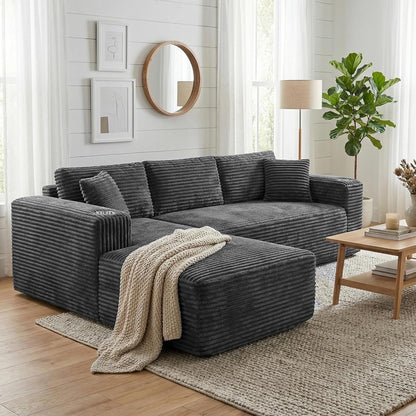 103" Boneless Couches for Living Room with 2 Cup Holders,L Shaped Modular Sectional Sofa Set,No Assembly Needed Plush Corduroy Living Room Set,Dark Gray2