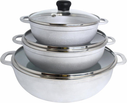 1.5, 2.5 & 5.2 Qt Cast Aluminum Caldero 3 Piece Set with Glass Lid | Polished Finish, Glass Lid with Riveted Handles, Ideal for Rice and Stews, Perfect for Serving Medium and Small Groups1