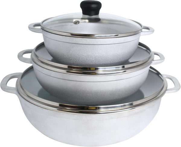 1.5, 2.5 & 5.2 Qt Cast Aluminum Caldero 3 Piece Set with Glass Lid | Polished Finish, Glass Lid with Riveted Handles, Ideal for Rice and Stews, Perfect for Serving Medium and Small Groups1