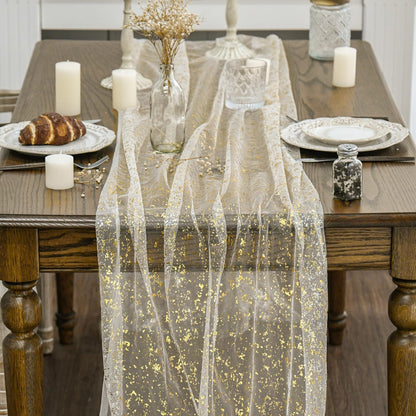 Beige Gold Gauze Table Runner 120 Inch 10FT, Glitter Metallic Foil Sheer Dining Wedding Anniversary Holiday Birthday Table Decor for Home Party2