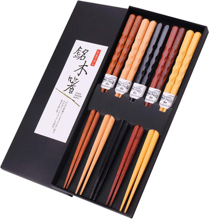 Reusable Chopsticks Japanese Natural Wooden 5 Pairs Classic Style Lightweight Hand-Carved Safe Chop Sticks 8.8 Inch/22.5Cm Gift Set | Japanese Natural Wood; No-Slip Hand-Carved; Lightweight Easy Use; Food Safe;Multicolor 5 Pairs; Perfect Gift Box1