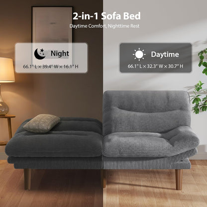 66 Inch Convertible Futon Sofa Bed, Corduroy, Grey4