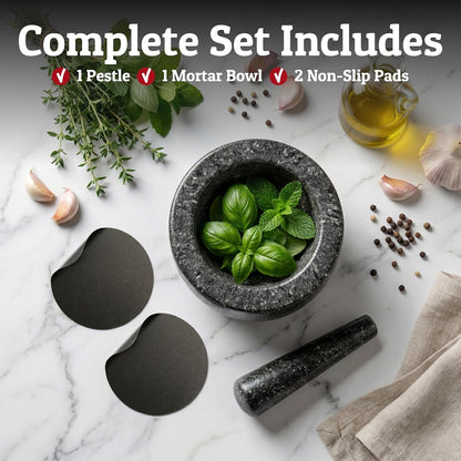 Heavy Duty Large 1.5 Cup Mortar and Pestle Set, 100% Natural Granite, 5.5 Inch Diameter Bowl, 6.2 Inch Pestle, Non-Slip Base, Stone Grinder for Guacamole Salsa Pesto Herbs Spices, Black5