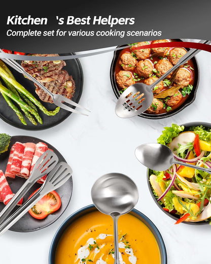 304 Stainless Steel Kitchen Utensils Set, 11PCS All Metal Cooking Tools Set with Tongs, Turner, Ladle, Skimmer & Serving Spoon, 15" Long Handle Dishwasher Safe Kitchen Utensil Starter Set9