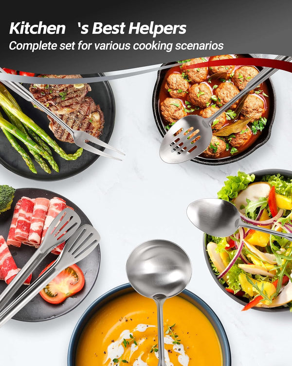 304 Stainless Steel Kitchen Utensils Set, 11PCS All Metal Cooking Tools Set with Tongs, Turner, Ladle, Skimmer & Serving Spoon, 15" Long Handle Dishwasher Safe Kitchen Utensil Starter Set9