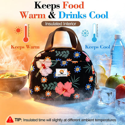 Lunch Box for Women Girls Teens,Cute Lunch Box Cooler Bag, Portable Insulated Small Lunch Bag Women Reusable Corduroy Lunch Tote for Work/Travel/Picnic/School (Flower)3