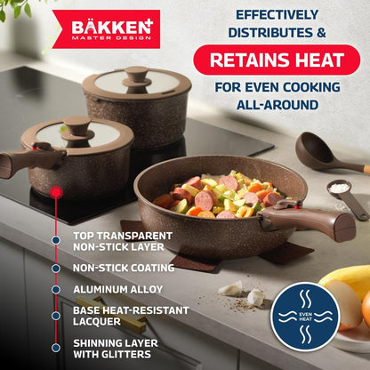 Bakken Master 38 Piece Granite Cookware and Bakeware Set – Nonstick Granite Coating, Pots and Pans with Detachable Handles and Tempered Glass Lids, 6-Piece Bakeware Set, 12-Piece Mixing Bowls,Brown6