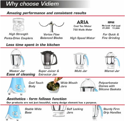 Super Blu 4 Jar Mixer Grinder 750 Watts Free Service Kit Included with UL Certified Motor-110Volts2