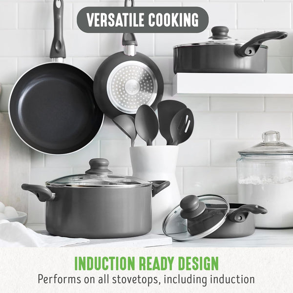 Essentials 12 Piece Cookware Set, Pfas-Free Ceramic Nonstick Pots & Pans, Induction Ready for All Cooktops, Kitchen Cooking & Serving Utensils, Dishwasher Safe, Charcoal Gray2